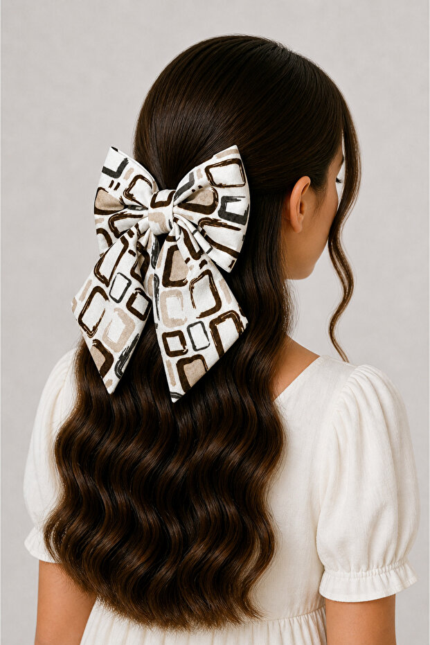 Patterned Bow Clip Hairpin – White Background Pink Blue Geometric Fabric Hairpin – Stylish Hair Accessory