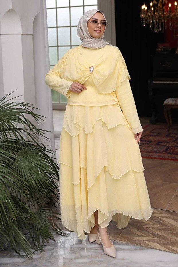 Yellow Bronched Shoulder Cape Layered Skirt Set