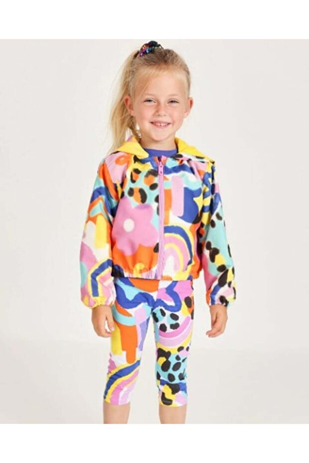 Girl's Colorful Abstract Patterned Hooded Windbreaker Raincoat 2-8 Years Mix