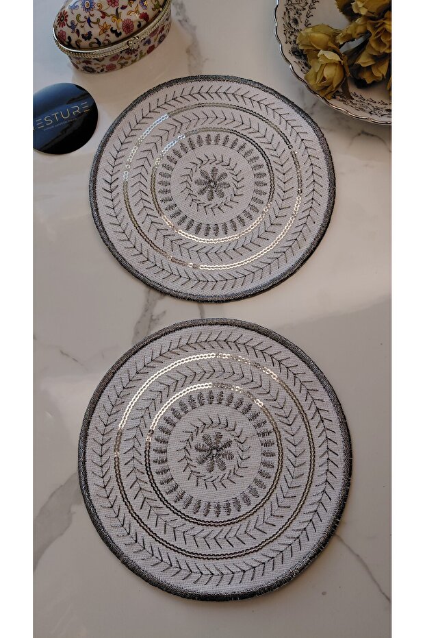 Silver Sequin and Embroidered Linen Cocktail Presentation Napkins, Pack of 2 | Authentic Mandala Series Luna–Double Stamp