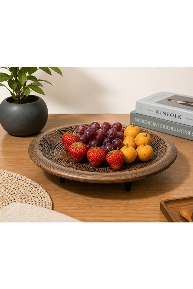 Round Serving Plate with Base Wood Pattern Design Brown - 3