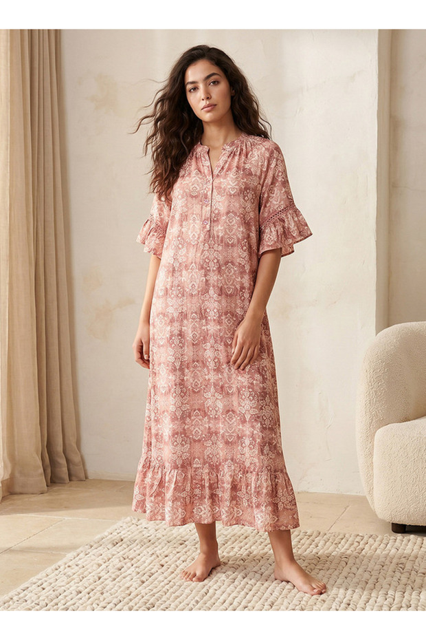 Night Gown Short Sleeve Botanical Print Viscose