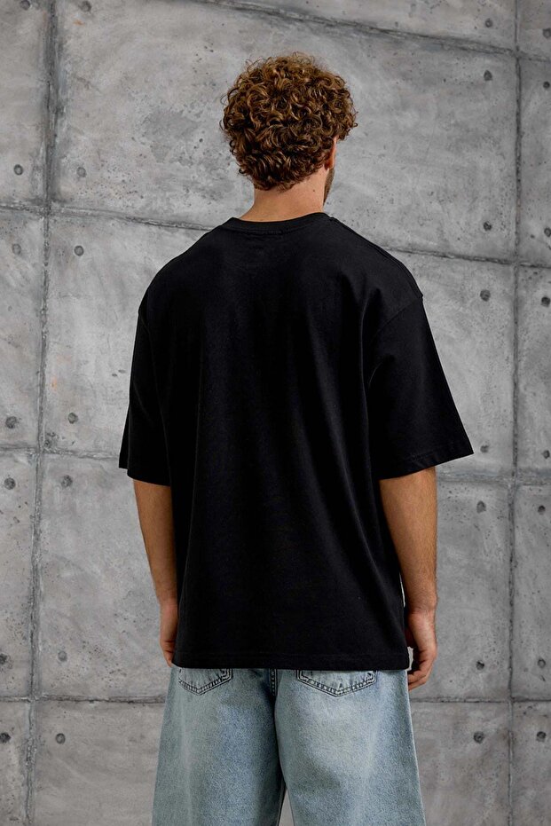 Men's T-Shirt Easy Print Black Oversize Printed Crew Neck Cotton - 3