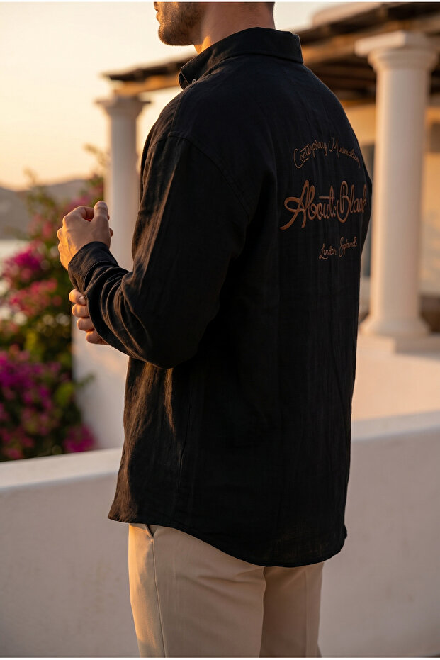 Men's Half Oversize Breathable Black Muslin Fabric Long Sleeve Shirt with Embroidery Detail Ls-13048