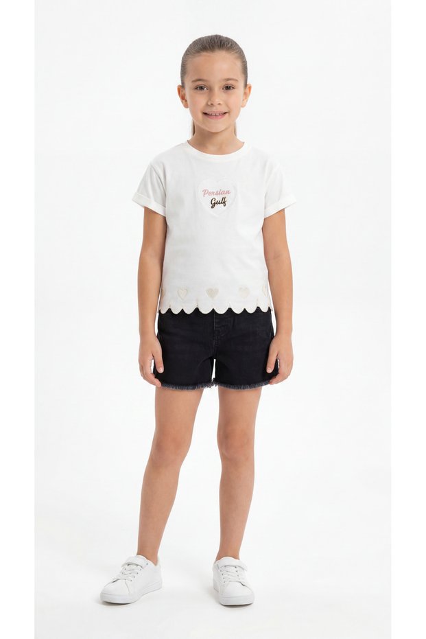 Persian Gulf Embroidered Girls' T-Shirt and Denim Shorts Set