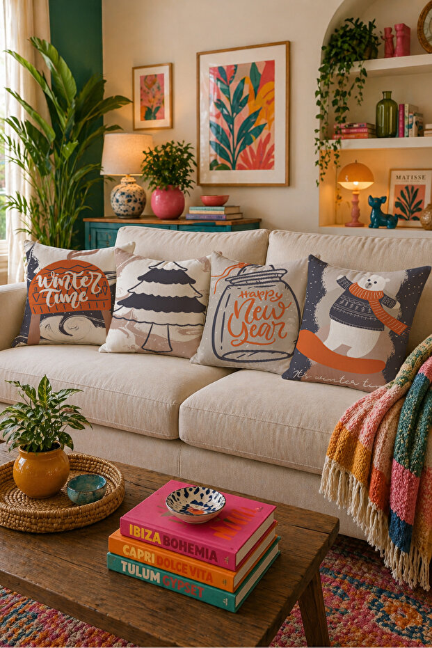 Winter Time Themed 4-Piece Throw Pillow Cover Set Double-Sided 43X43 cm Winter