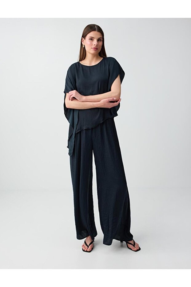 Anthracite Loose Fit Regular Waist Satin Trousers