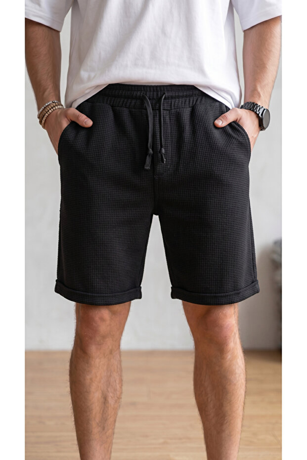 Men's Black Pique Fabric Double Pocket Shorts Bermuda