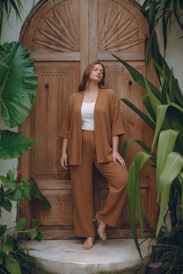 Comfortable Fit Wrinkled Fabric Trouser Suit Kimono
