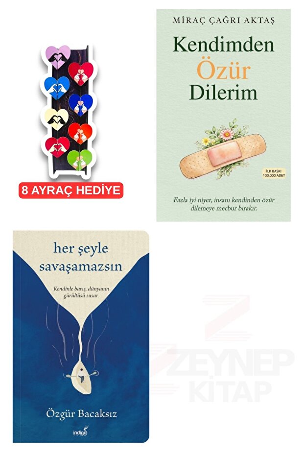 Kendimden Özür Dilerim-Her Şeyle Savaşamazsın-2 Kitap Set-8'li Özel Tasarım Kalp Ayraç Hediyeli