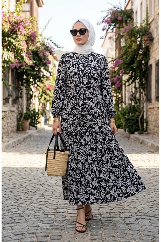 Floral Patterned Layered Belted Dress 0281A-01 Black White