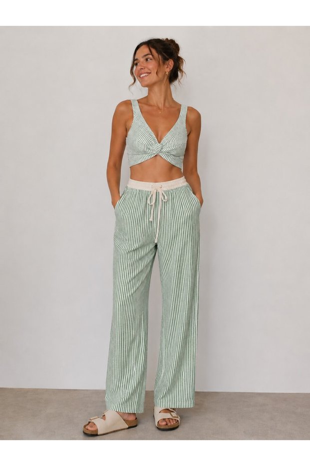 Striped Comfortable Cut Palazzo Pants & Tie-Up Detail Crop Set