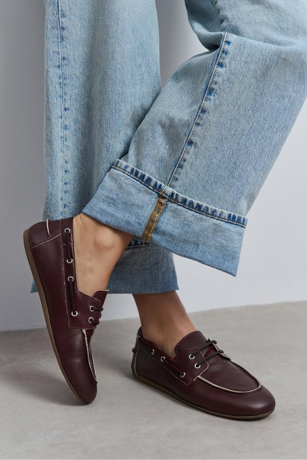 Rodeo Burgundy Matte Genuine Leather Lace Detail Women's Loafer Shoes