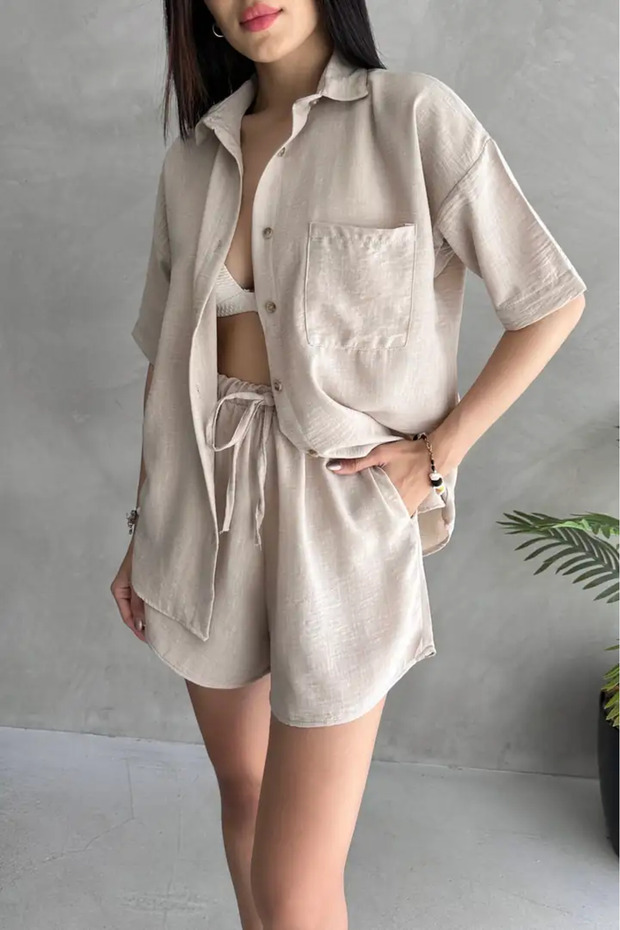 Women's Linen Shirt Shorts Set