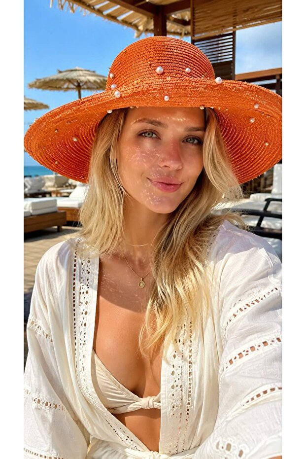 Orange Pearl Stone Embroidered Wide Round Straw Women's Hat