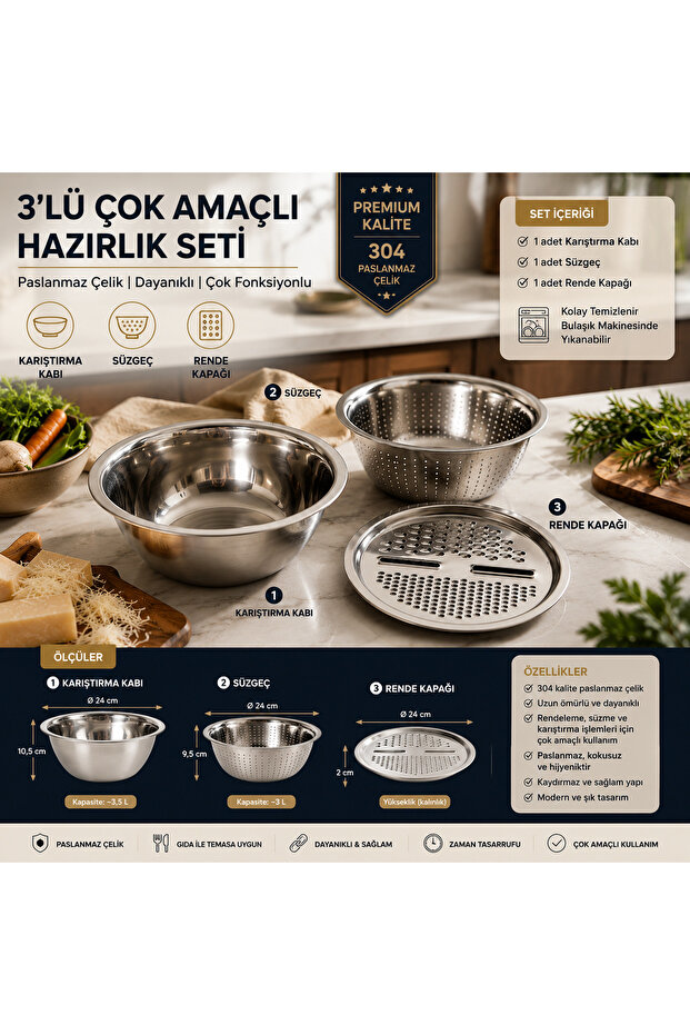 Stainless Steel Mixing Bowl, Strainer and Grater Set, 3-Piece