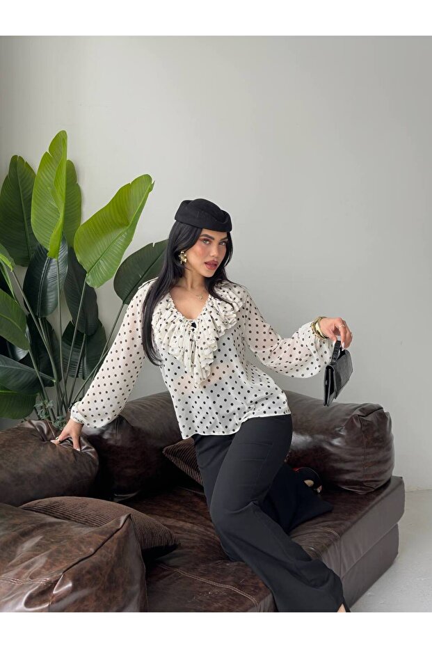 Women's Polka Dot Chiffon Ruffle Collar V-Neck Lace Detailed Balloon Sleeve Loose Blouse