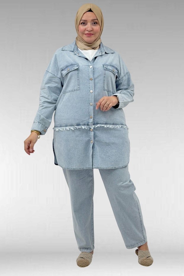 67045 Plus Size Tencel Pants Set with Tassel and Pocket Detail - Snow Wash Ice Blue