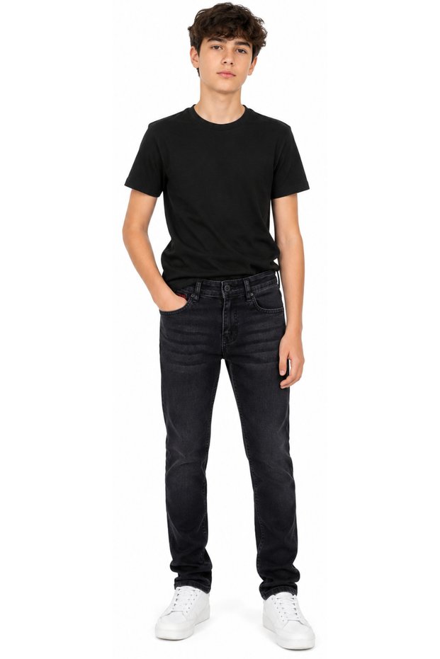 Boy's Vintage Patterned Zipper Closure Lycra Black Color Jeans 3640