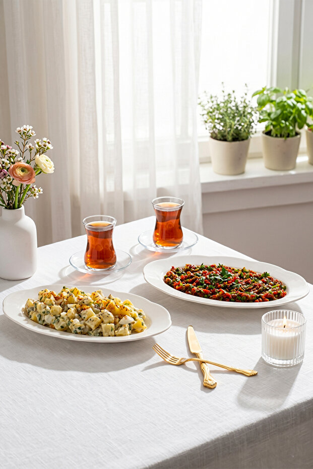 4452 Yonca Set of 2 Porcelain Kayık Plates - Oval Breakfast Serving Set 30cm