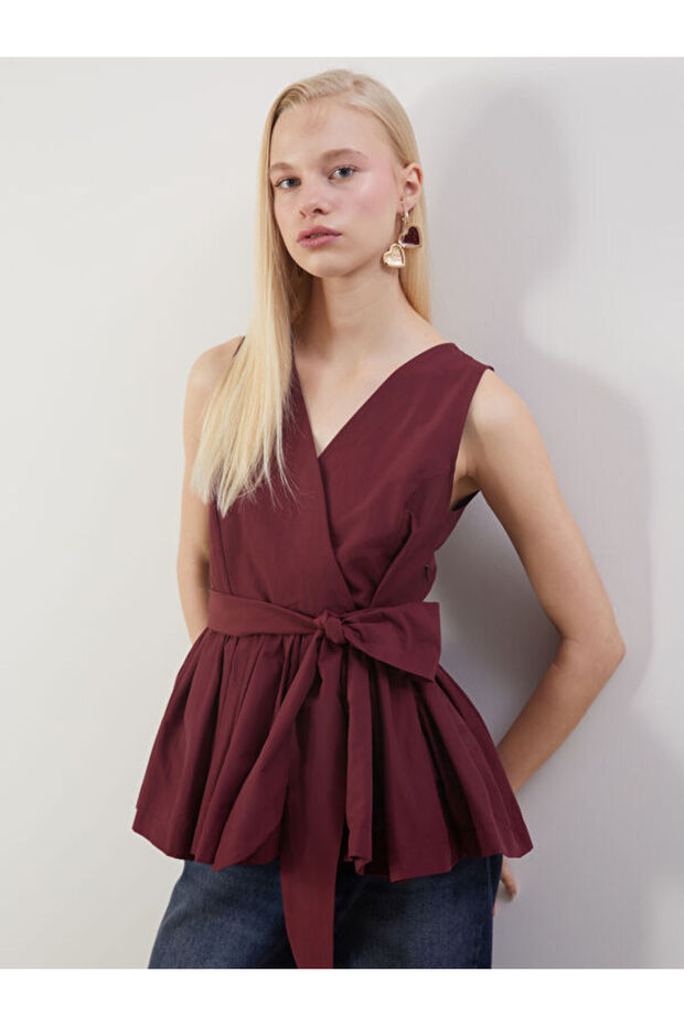 Double Breasted Collar Waist Tie Gathered Poplin Blouse