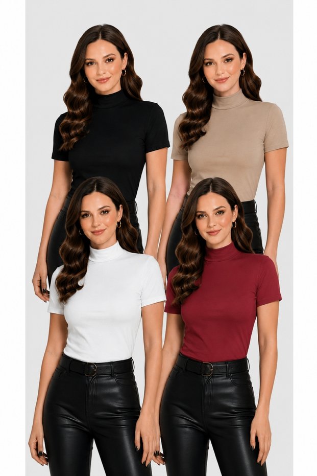 Women's 4-Piece Half Turtleneck Badi Short Sleeve Lycra Basic Bodysuit
