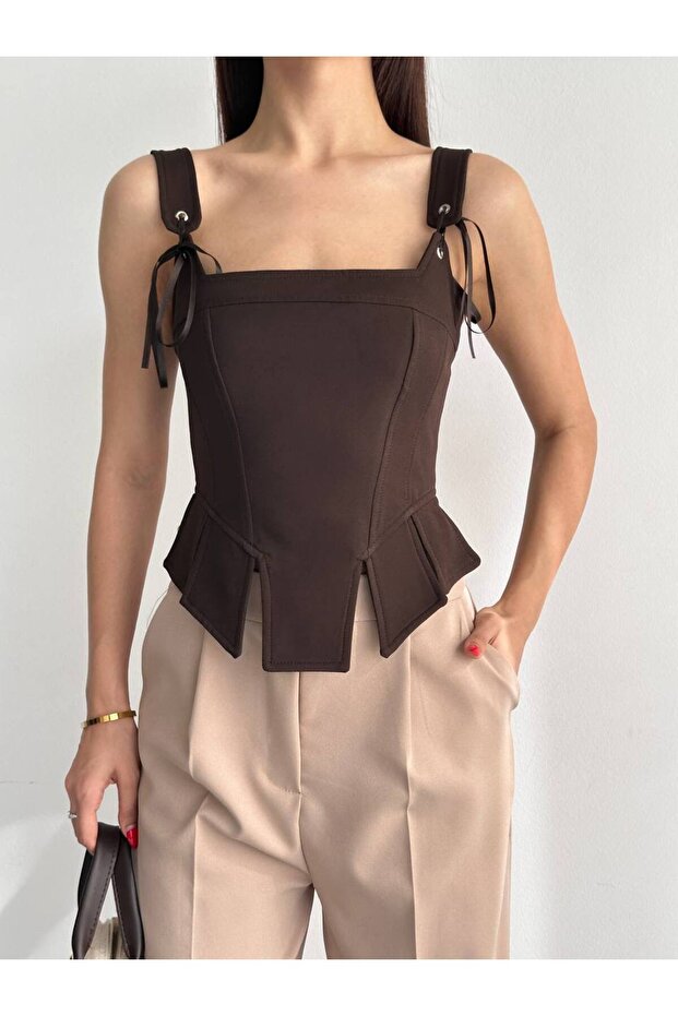 Women's Ribbon Strap Corset Design Burgundy Bustier
