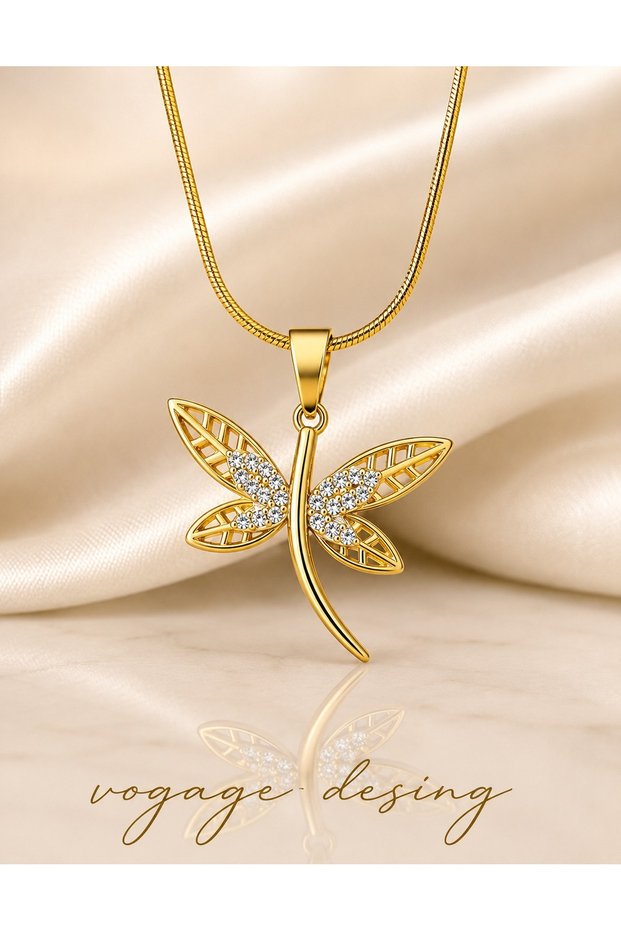 Stainless Steel Zircon Stone Gold Color Dragonfly Necklace