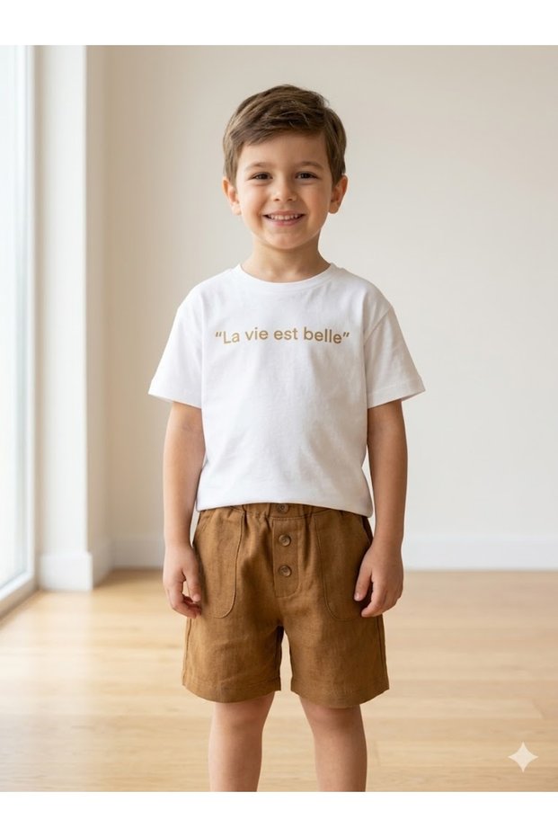 Boy's White Gold Printed T-Shirt and Tan Linen-Look Shorts Set