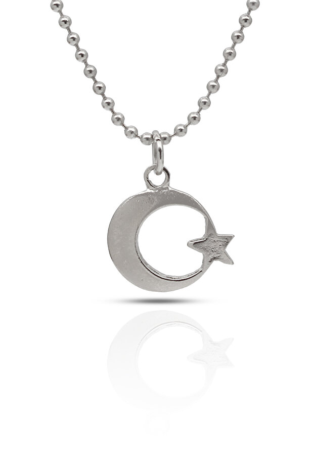 Moon Star Necklace Turkey Symbol Pendant - Silver Color with Ball Chain