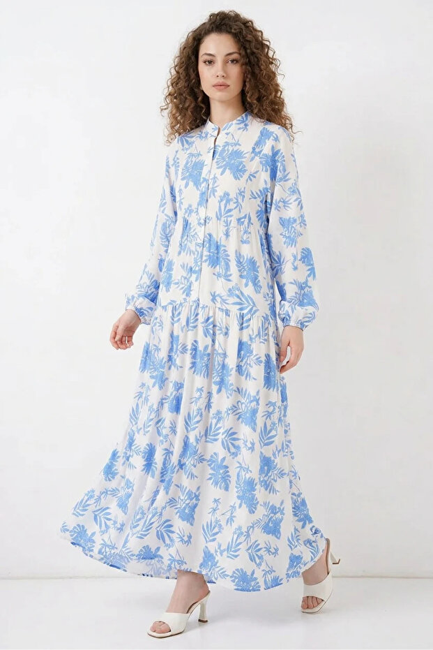 Women's Authentic Patterned Viscose Ice Blue Hijab Dress