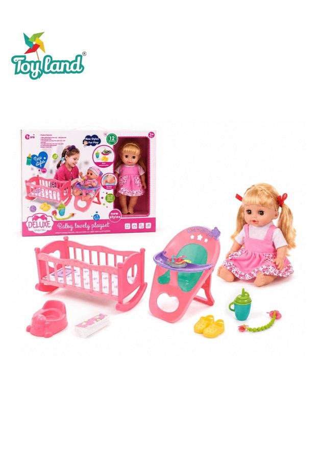 Baby Doll Play Set with Rocking Cradle, Feeding Seat and Toy Accessories for Kids