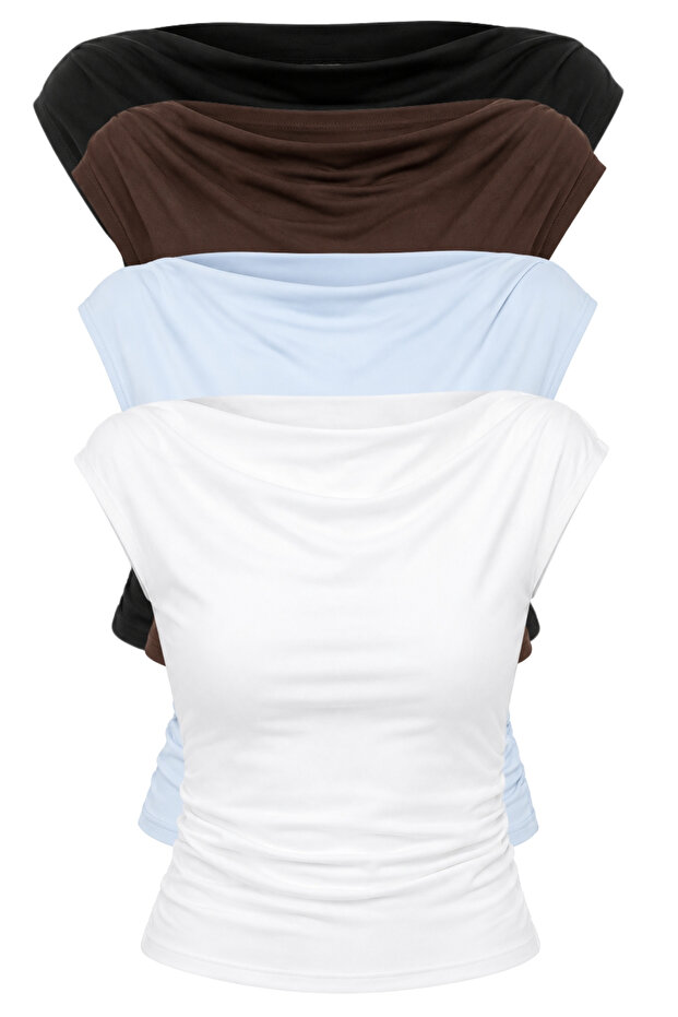 Women's Black White Coffee Blue Degaje Collar Side Gathered Detailed Lycra Four-Piece Blouse 6157 60286227