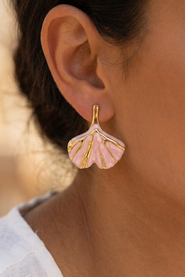 Gold Pink Enamel Leaf Premium Steel Earrings