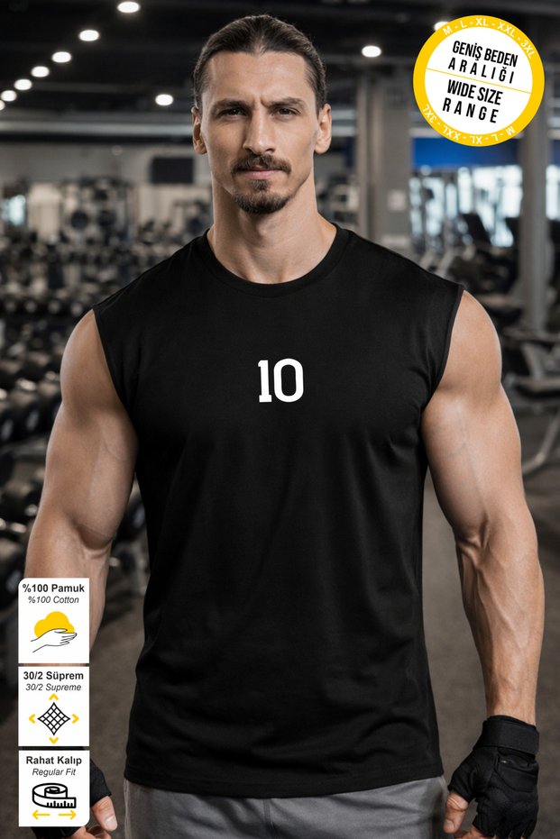 Black Number 10 Printed Crew Neck Sports Athlete T-Shirt Premium Thick Cotton Single Jersey Fabric Men's