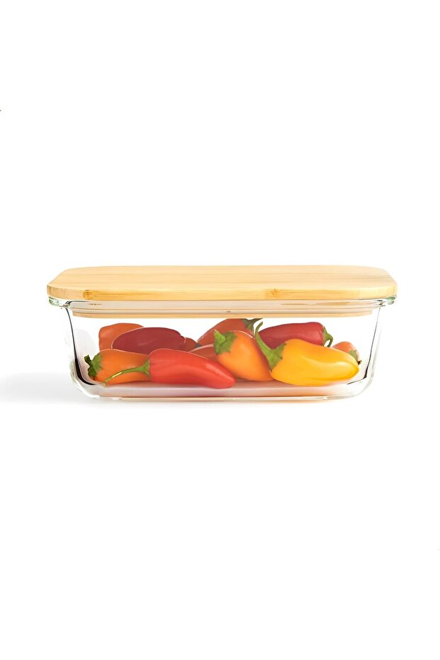 Glass Storage Container 1520ml, Rectangular Borosilicate Storage Container with Wooden Lid BGC54