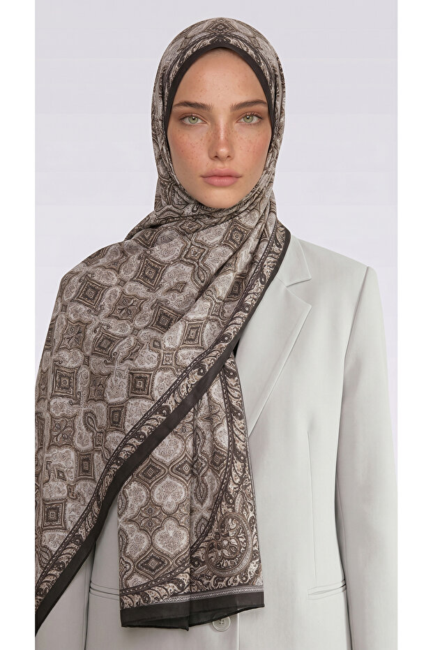 Ahenk Patterned Cotton Shawl - Cream / Brown