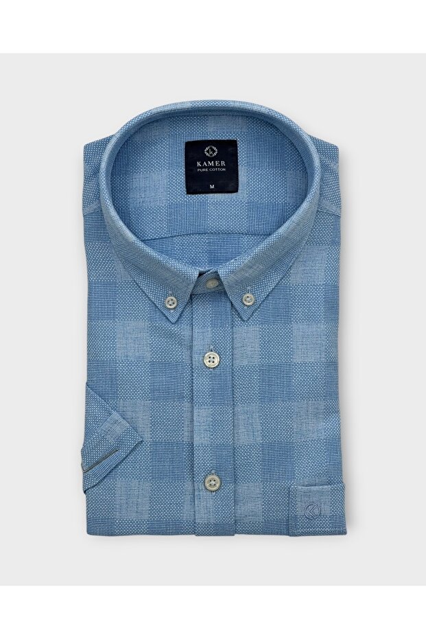 Men's Regular Fit 100% Cotton Short Sleeve Button-Up Collar Plaid Blue Shirt 9490m