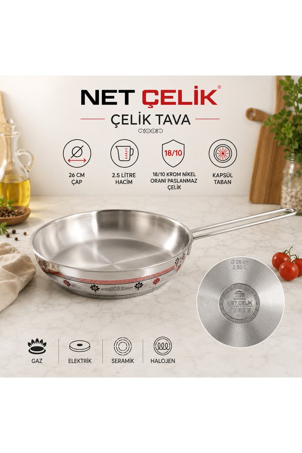 26 Cm Tek Saplı Çelik Tava