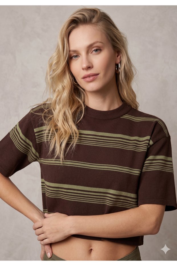 Striped Crew Neck Crop Women's Knitwear T-Shirt (Brown/Green)