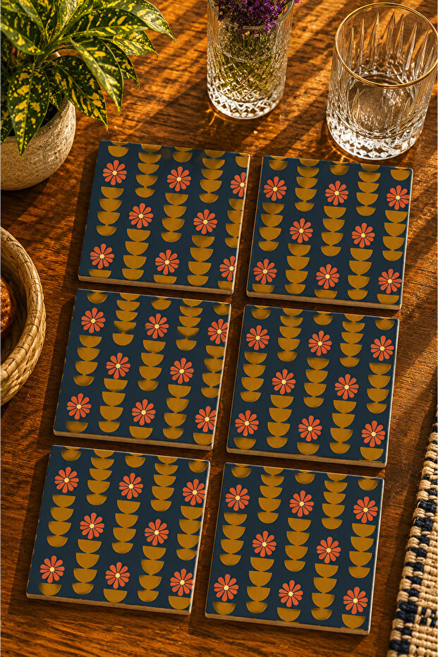 Modern 6-Piece Set of Coasters with Geometric Patterns and Floral Designs - Uv Printing Mdf - 10X10 cm