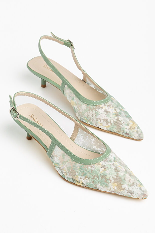 Embroidered Floral Design on Mesh, Pointed Toe, Short Kitten Heel Women's Shoes