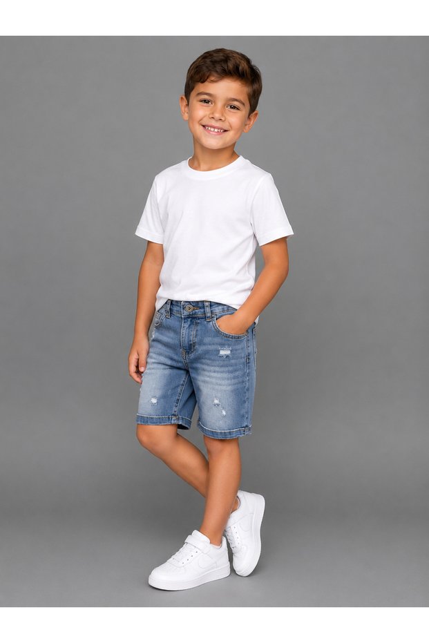 Boy's Denim Shorts with Lycra and Ripped Detail, Summer Jean Bermuda