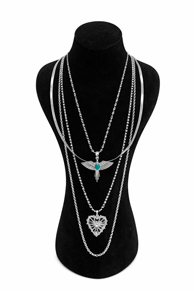 Steel Phoenix and Sparkling Heart Figured 4-Piece Combination Necklace Set Silver Color