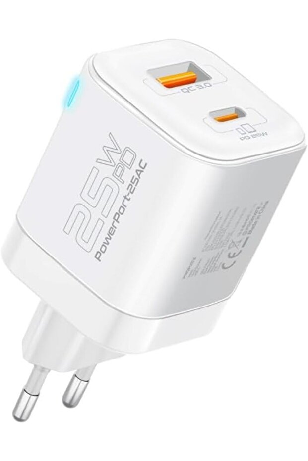 25W USB-C Wall Charger PD with EU 2-Pin Plug, Fast Charging, 18W QC 3.0 Port, White