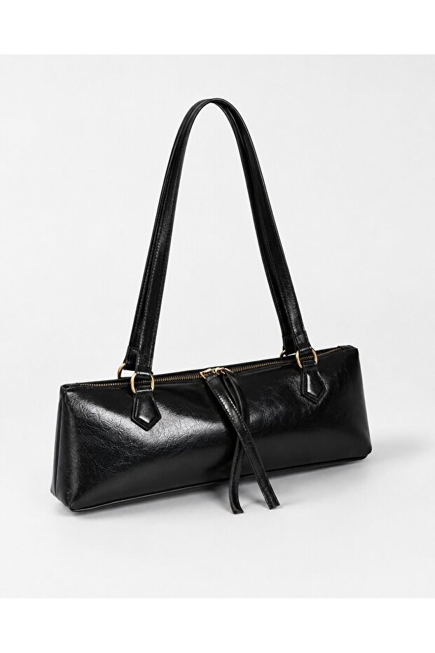 Women's Baguette Shoulder Bag with Shiny Leather Look, Zipper and Gold Accessories, Mini Hand and Shoulder Bag