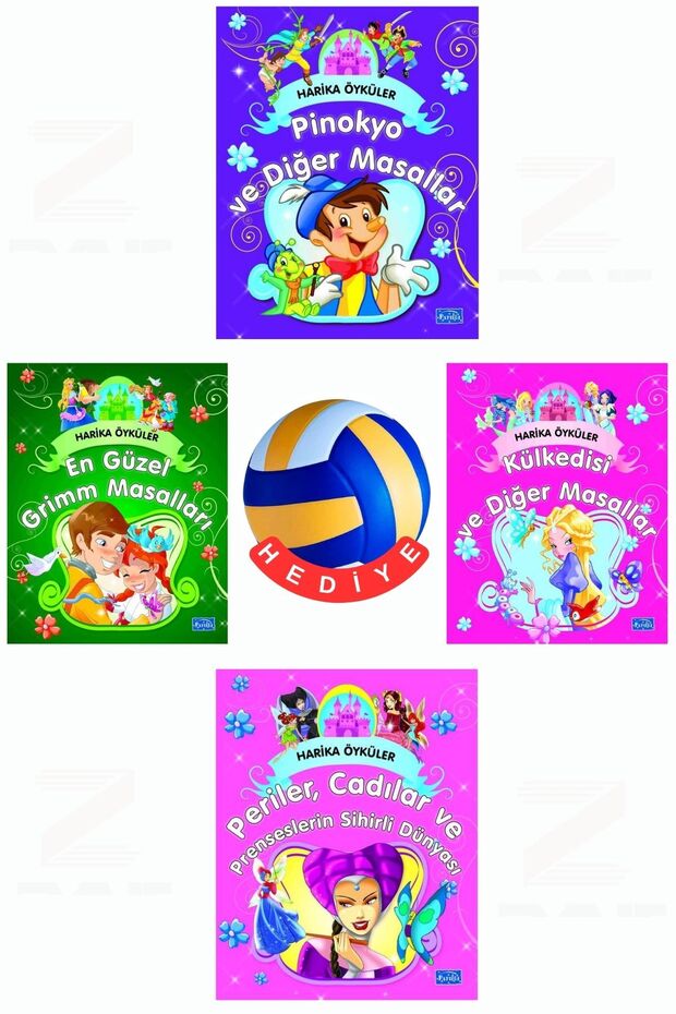 Harika Öyküler-Periler,Cadılar ve Prenseslerin Sihirli Dünyası-Pinokyo-Külkedisi-Pamuk Prenses ve Diğer Masallar-En Güzel Grimm Masalları 4 Kitap Set - Volleyball Ball with Gift