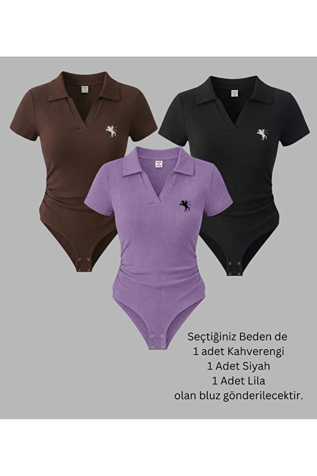 3-Piece Polo Collar Ribbed Lycra Premium Bodysuit