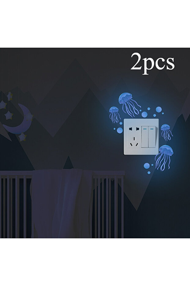 blue 2pcs Wall Sticker Luminous Jellyfish Cartoon Fluorescent Switch Decoration Room Self-adhesive S