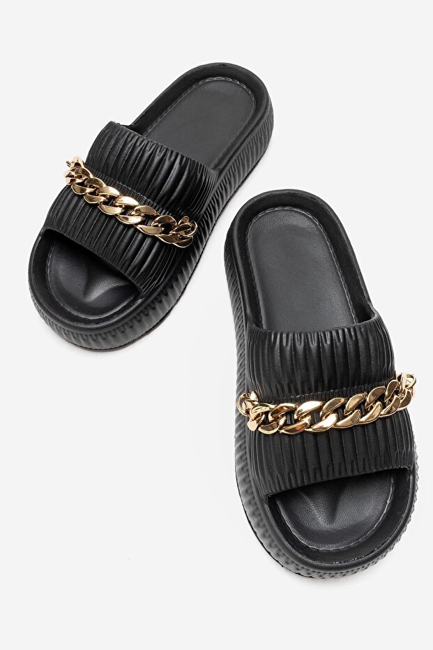 Comfortable Women's Beach Pool Balcony Garden Slippers with Chain Black Slippers